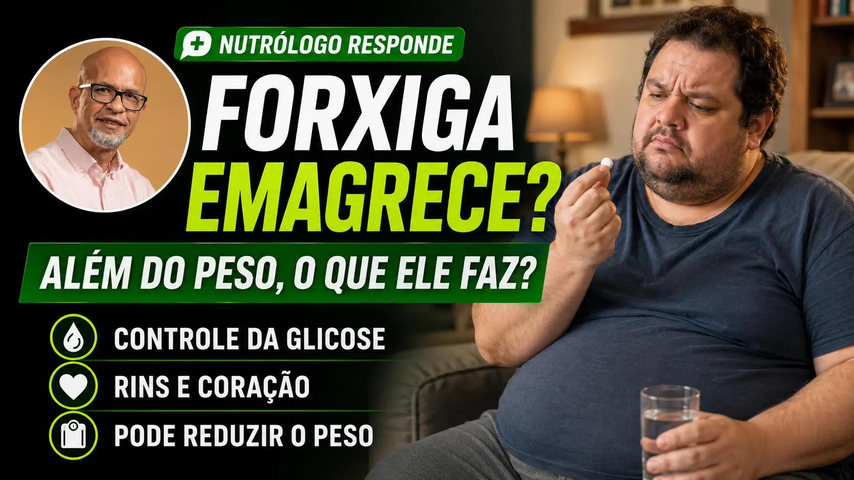 Homem com obesidade observa um comprimido de Forxiga com expressão de dúvida, enquanto o Dr. Noé Alvarenga explica se o medicamento emagrece